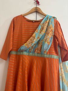 Sequined Empire Ethnic Dress with Attached Dupatta