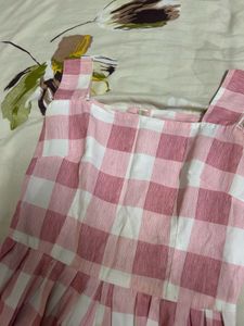 Pink Gingham Square Neck Dress