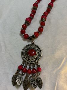 Boho Red Beaded Necklace with Leaf Pendants