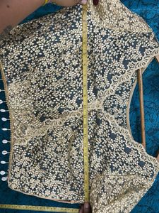 Designer Gold Lace Blouse with Teal Skirt