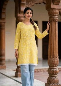 Lemon Yellow Heavy Chikankari Kurti with Lace