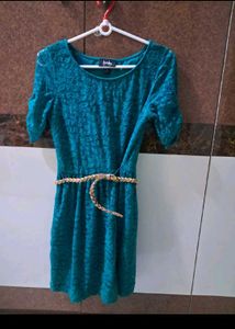 Imported  Teal Lace Dress with Braided Belt