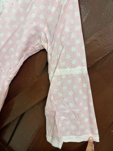 Pink Polka Dot Kurta set with organza dupatta