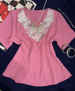 💖 Y2K Pink Embroidered Babydoll Top 💖