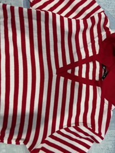 Striped Cropped Polo Neck Top
