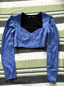Blue Polka Dot Puff Sleeve Crop Top