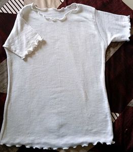 White Ribbed Ruffle Trim Tee