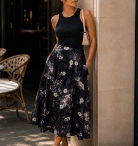 Black floral a-line midi skirt