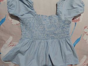Blue Striped Puff Sleeve Peplum Top