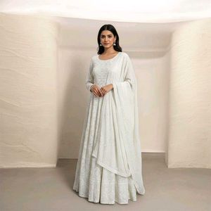 White Anarkali Gown with Dupatta
