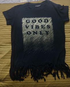 Navy Blue "Good Vibes Only" T-Shirt with Fringe