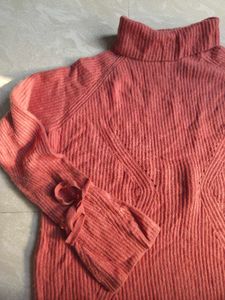 Coral Ribbed Mock Neck Bell Sleeve Sweater