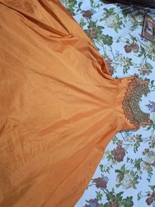 Orange Anarkali Dress with Embellished Neckline