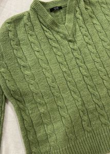 Green Cable Knit V-Neck Sweater
