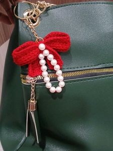 Handmade Red Bow Keychain with Pearls