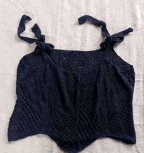 Navy Blue Knit Crop Top with Tie Shoulders