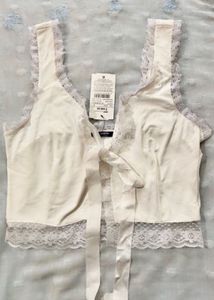 White Lace Trim Tie-Front Crop Top