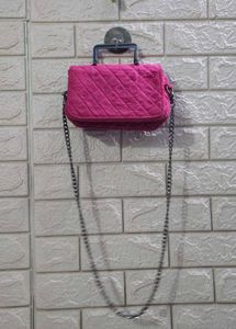 Fuchsia-Pink Quilted Velvet Crossbody Bag