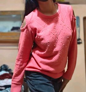 Coral Cut-Out Shoulder Sweater