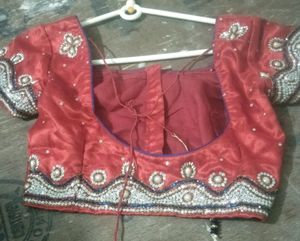 Red Color Blouse With Silver Work