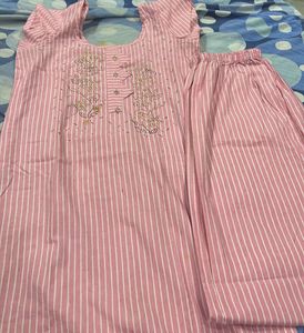 Pink Striped Kurta Set with Embellishment
