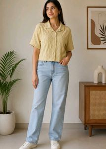 Textured Short Sleeve Button-Up Top