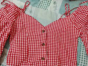 Red Gingham Crop Top with Tie Sleeves