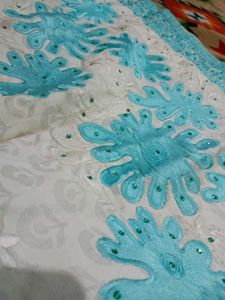 Cream &amp; Turquoise Embroidered Kurti | Floral Work