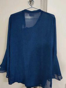 Dark Blue Sheer Bell Sleeve Blouse