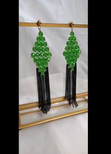 Green Beaded Drop Earrings with Black Chains