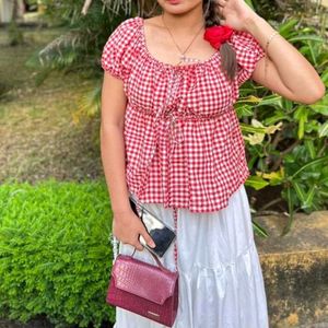 Chic Red Gingham Peplum Top