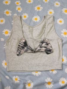 Grey Crop Top with Bow Detail
