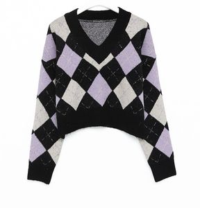 Argyle Pattern V-Neck crop Sweater