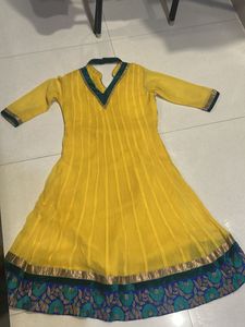 Yellow Anarkali Kurta with Blue Embroidery