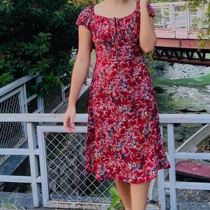 Chic Floral Print Red Dress