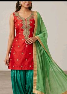Embroidered Red Kurta with Green Salwar