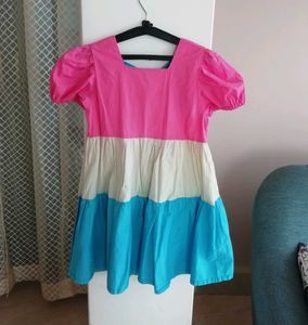Girls Pink, Cream &amp; Blue Tiered Dress