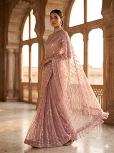 Elegant Sequined Pink Saree With Unstiched Blouse