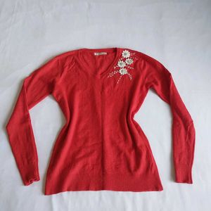 Elegant Red V-Neck Embellished Sweater🌷