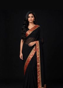 Elegant Black Saree with Red & Gold Border