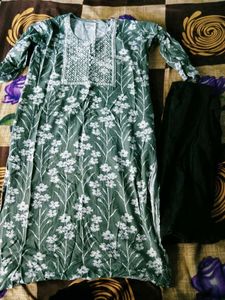 Green Floral Print Kurta with Embroidery