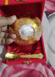 Ornate Gold &amp; Silver Decorative Bowl with Spoon