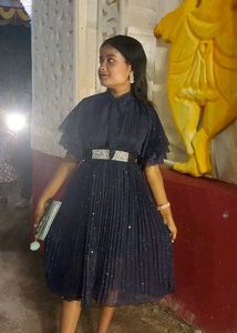Elegant Navy Pleated Midi Dress