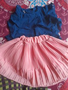 Chic Blue Top & Pink Pleated Skirt Set