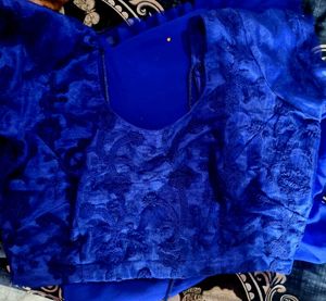 Elegant Royal Blue Ruffle Saree with stitched blou