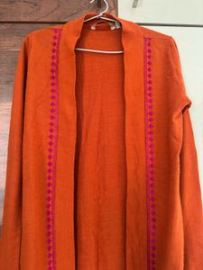 Rust Orange Knee-Length Embroidered Shrug