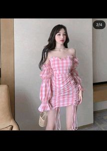Newme asia Pink Gingham Off-Shoulder Ruched Dress