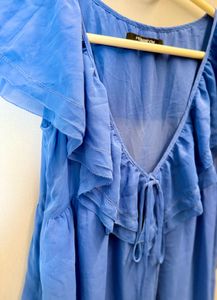 Blue Ruffle V-Neck Tie Top