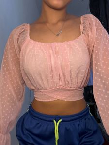 Cute Pink Dotted Long Sleeve Crop Top