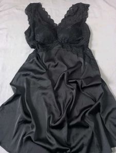 Black Lace Trim Satin Nightgown